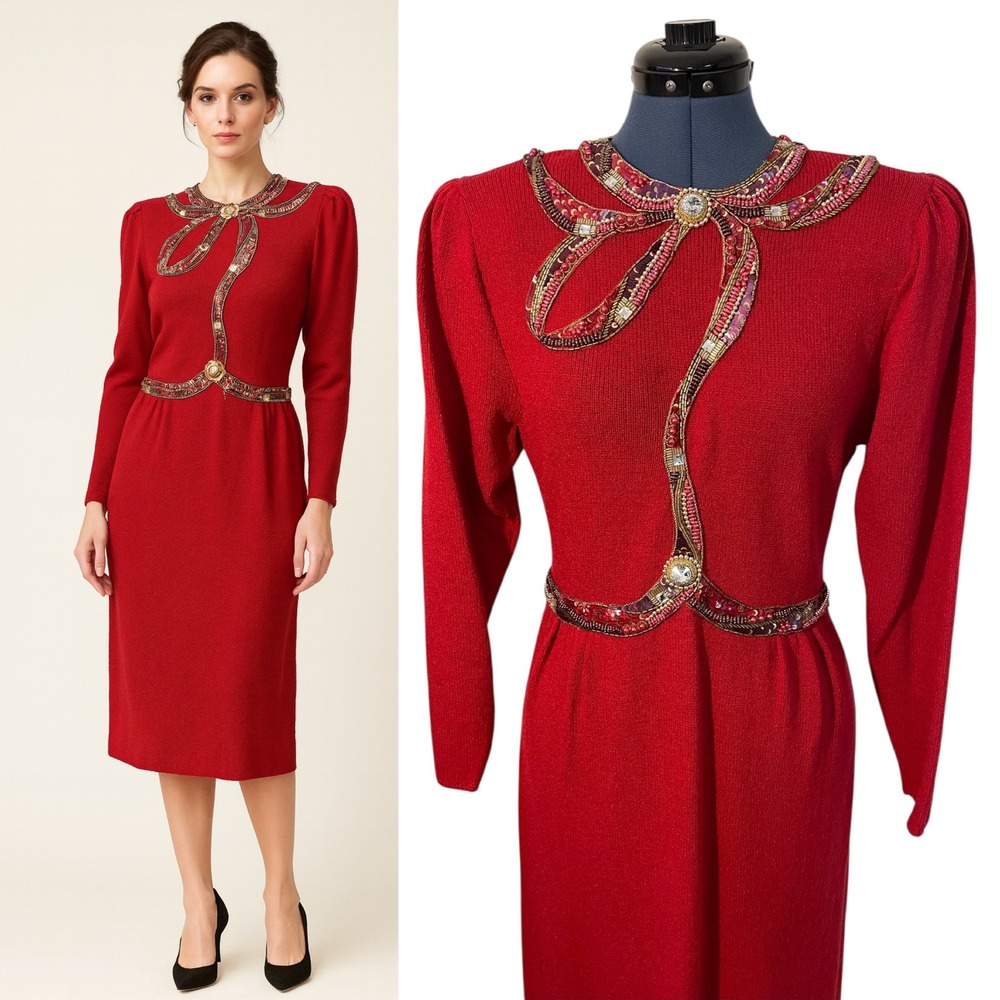 Pat Sandler Red Beaded Santana Knit Sweater Dress Puff Sleeve Holiday Party S/M